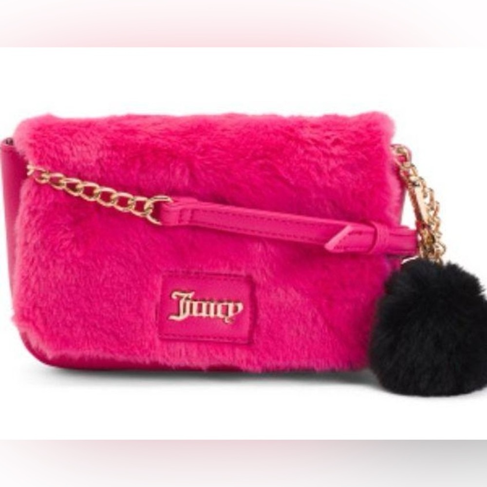 Juicy Couture Faux Fur Hot Pink Free Love Flap Crossbody & Black Fluffy Keychain - Picture 3 of 6